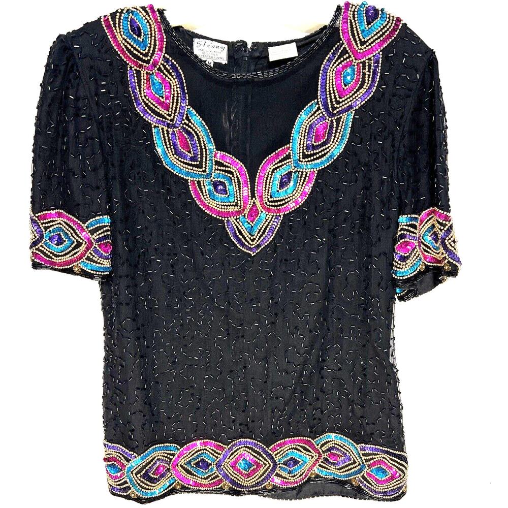 Vintage Stenay Womens Top Size M Black Silk Beaded Sequined Allover Dressy 80s
